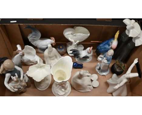 Three Royal Worcester white-glazed shell vases, to/w a Royal Copenhagen cockerel, Karl Ens parakeet, Rosenthal cockerel, thre