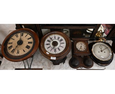 Two 19th century German wall-clocks with stained wood bezels to/w a German wall-mounted alarm clock as a 1950s Diehl wall-clo