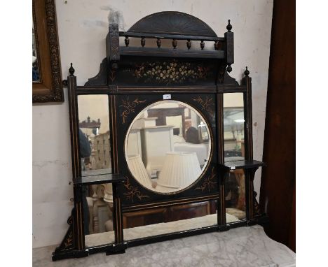 A Victorian Aesthetic period gilt traced and ebonized over-mantel mirror, 112 cm w x 105 cm h