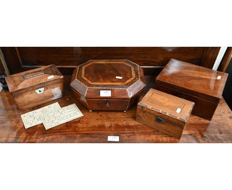 A collection of George III and later boxes incl. an inlaid octagonal mahogany workbox; a rosewood tea caddy; an inlaid Tonbri