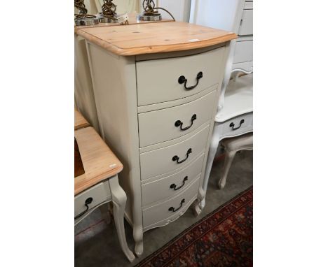 A tall five drawer light grey painted pine top chest