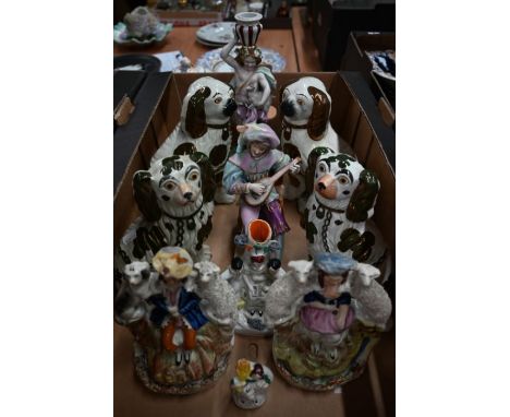 Two pairs of copper lustre pottery spaniels to/w a pair of flatbacks - Shepherd &amp; Shepherdess, a German painted bisque-se