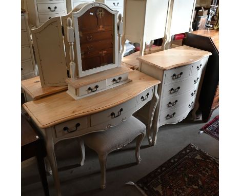 A pine top off-white painted bedroom set comprising a chest of drawers, a three drawer side table, a mirror and stool (4)