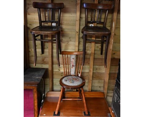 Pair of Kohn bentwood side chairs to/w an Arts &amp; Crafts rush-seated chair and padded stick-back chair with tapestry seat 