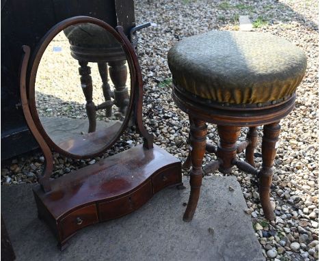 A Victorian mahogany revolving piano stool with overstuffed seat to/w a platform mirror (2)Please note that all lots are seco