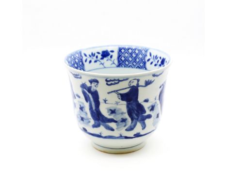 A 20th century Chinese blue and white planter / jardinière, decorated with Immortals and other figures, interior  with centra