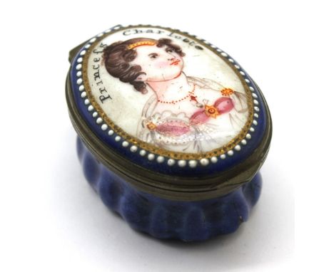 An early 19th century enamel patch box, cobalt blue base with the top painted with a portrait of princess Charlotte, size app
