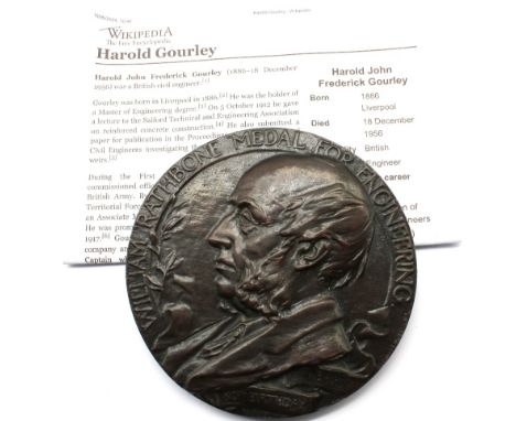 An early 20th century commemorative 1909 Liverpool University bronze plaque, etched to side 'Harold John Frederick Gourley, 1