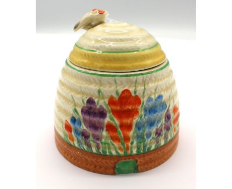 ***PLEASE NOTE THERE IS A REPAIRED CHIP AND CRACK*** Clarice Cliff - a 'Crocus' patterned beehive shaped honey pot, with Newp