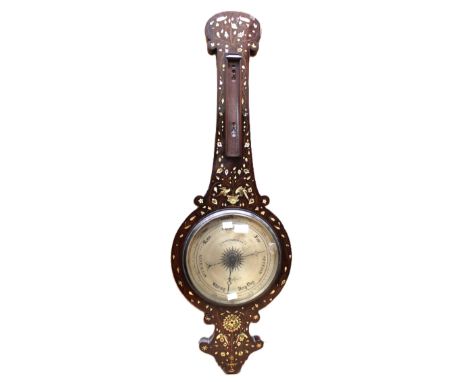 A Lewis Barnascone of Sheffield 19th century rosewood veneered mahogany barometer, with inlayed mother of pearl floral and fo