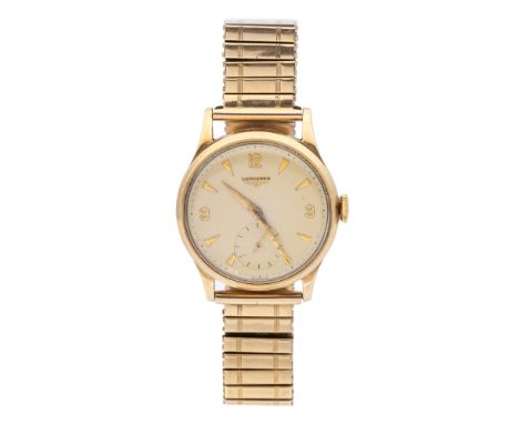Longines- a gentleman's vintage 9ct gold wristwatch, comprising a round signed cream dial with applied gilt arrow and Arabic 