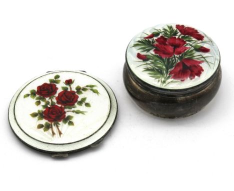 An Edwardian silver and enamel dressing table box, the cover decorated with poppies, hallmarked by Douglas Clock Co Ltd, Birm