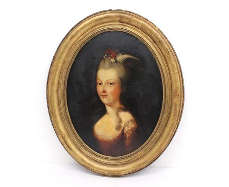 In the manner of Francis Alleyne (fl.1774-1790) Portrait of a Lady with flowers and feather headress oil on board, oval, 31 x