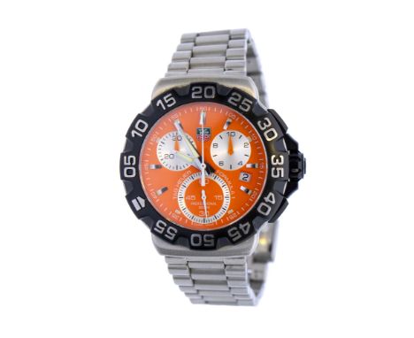 Tag Heuer- a gentleman's Formula 1 steel-cased chronograph quartz wristwatch, comprising a round orange dial with  with appli