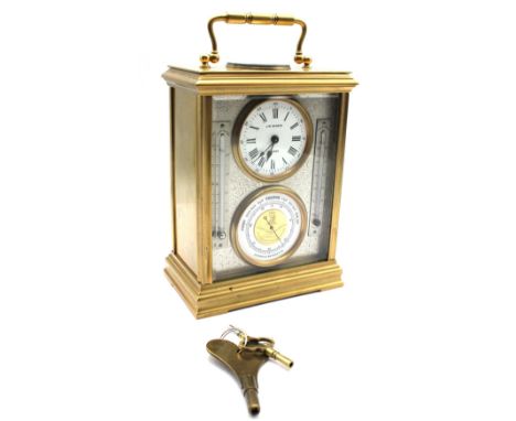 A late 19th century J W Benson brass cased carriage timepiece / barometer with twin thermometers, the clock dial with black A