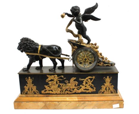 19th century French Empire ormolu and patinated bronze putto and chariot mantel clock, 8 day with gilt detail, on a rectangul