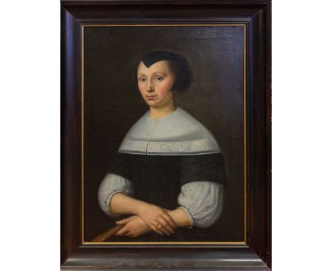 Follower of Anthonie Palamedesz (Dutch,1601-1673) Portrait of a seated lady wearing black cap, garnet and pearl earrings, whi