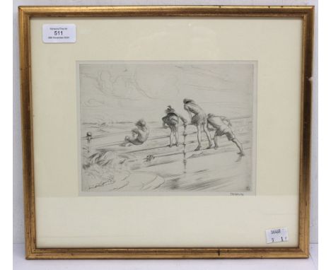 James Henry Dowd (1883-1956, British); children on the rails by a stormy sea; etching on paper; pencil signed; 16cm x 21cm (2