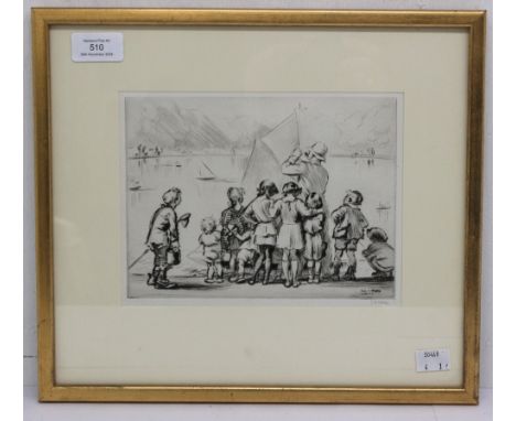 James Henry Dowd (1883-1956, British); children by a boating lake; dry point etching on paper; pencil signed; framed; 15.5cm 