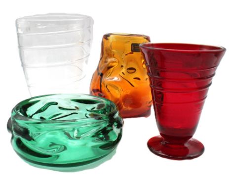 Whitefriars glass comprising Ruby ribbon trailed footed vase height approx 14cm, clear glass ribbon trailed vase designed by 