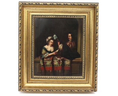After Caspar Netscher (1635/39-1684) Singer and Lute player at a window oil on panel, 19 x 15.5cm, re-framed    
