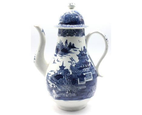 Lowestoft Porcelain Large Willow Pattern Coffee Pot c.1790 Blue and white printed Willow pattern decoration.&nbsp; Height 14 