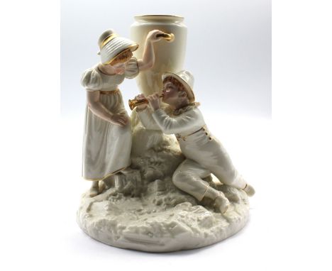 A 'Hadley' Royal Worcester Country Courtship group, c.1891, puce Worcester mark No.828, 18.5cm high. Condition: wear to gildi
