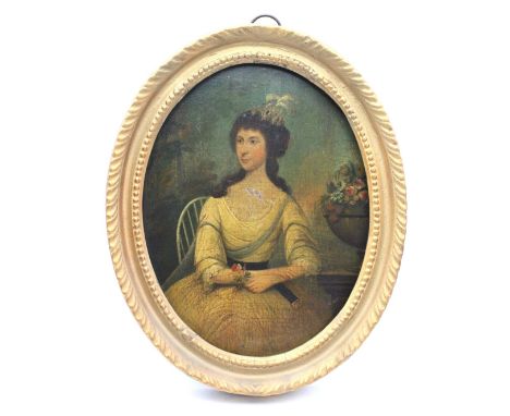 Continental School (19th Century) Portrait of a seated Lady beside an urn of flowers, trees beyond oil on panel, oval, 23.5cm