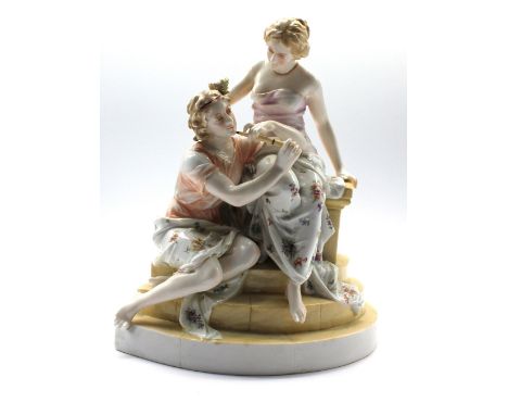 A continental porcelain group of lovers, she sitting on a bench and he sitting on steps playing the flute, c.20th century, si
