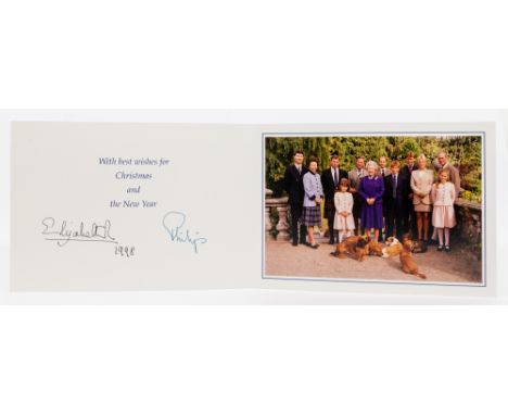HM Queen Elizabeth and HRH The Duke of Edinburgh; a signed (autopen)1998 Christmas card, with twin gilt Royal cyphers to cove