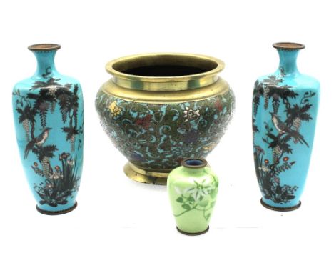 A pair of late 19th / early 20th century Japanese cloisonné small vases, of hexagonal shape with light blue enamelled ground 