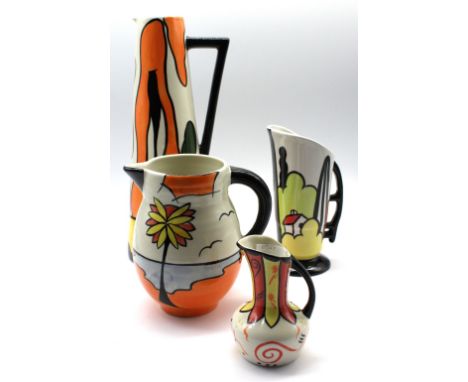 Lorna Bailey - a collection of four different ceramic jugs to include; a tall conical shaped 'House + Path' patterned jug wit