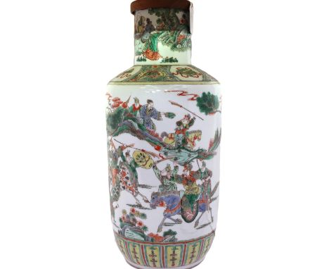 A Chinese famille verte vase converted to lamp base, having enamelled figures, some on carts with horses, with character mark