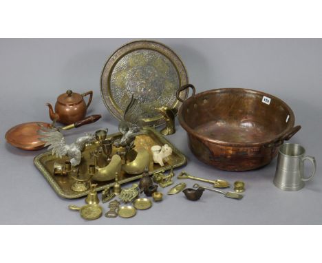 A vintage copper two-handled preserve pan, 15¼” diameter; together with various other items of metalware; a small silver two-