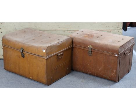 Two vintage grained tin travelling trunks, each with a hinged lift-lid &amp; wrought-iron side handles, 29¾” x 20” &amp; 29¾”