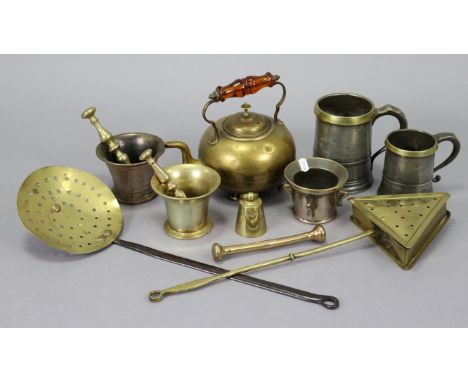 Two vintage pewter measures; three brass pestle &amp; mortars; &amp; various other items of metalware.