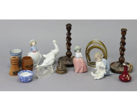 Three Lladro Nao ornaments; a pair of oak candlesticks, 10” high; &amp; sundry other items.