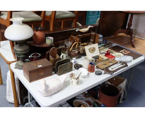 A 19th century inlaid-mahogany three-division tea caddy, 9¼” wide; two wooden book troughs; an oil lamp; &amp; sundry other i