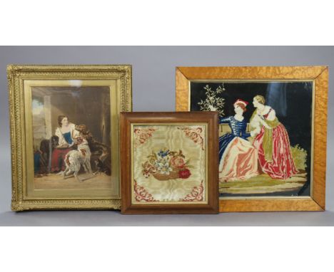 A mid-19th century wool work embroidered picture depicting a basket of flowers, signed with initials J. F. M., 11½” x 10¾”; a