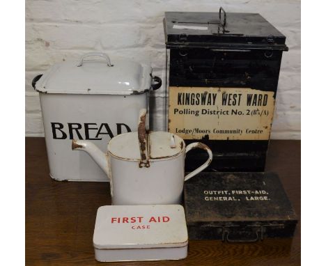 Election ballot box, enamel bread bin, watering can &amp; vintage First Aid tins with contents&nbsp;