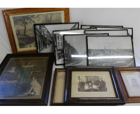 Selection of prints including black &amp; white views of Louth, framed vintage photographs, modern oil on canvas depicting la