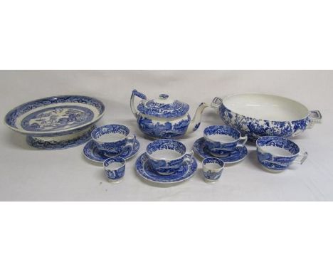 Copeland Spode Italian teapot, cups, saucers and egg cups and Ironstone China plate and blue and white handled bowl