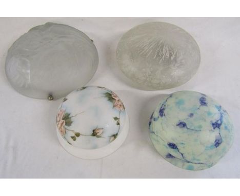 4 glass light shades 2 with hanging chains, large one with hummingbird design