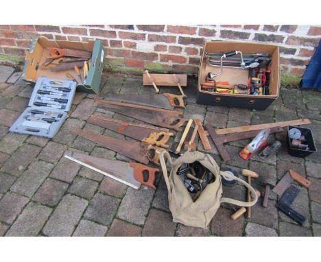 Collection of tools includes hand saws, chisels, lead tools, Chapman tools by Stanley and a bullnose plane