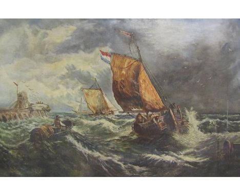 K Franks 1922 oil on canvas depicting boats on a stormy sea approx. 61cm x 40.5cm&nbsp;