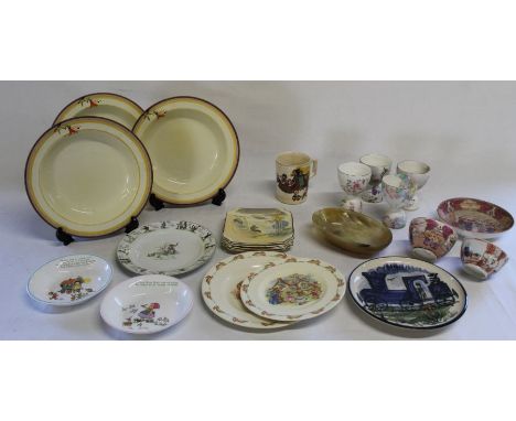 Selection of nursery china including 2 Shelley Mabel Lucie Attwell dishes, Royal Doulton Pan side plates, horn dish, decorati