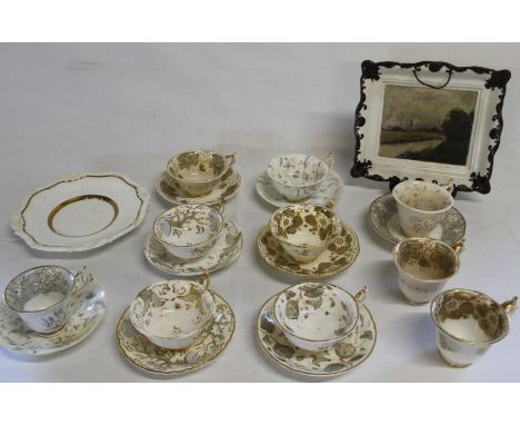 Rectangular plaque with hand-painted scene depicting church (reverse marked Belleek) and a quantity of porcelain cups and sau