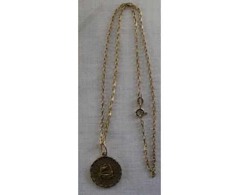Continental gold circular pendant marked 14k (1.6g) on 9ct gold chain (1.9g)