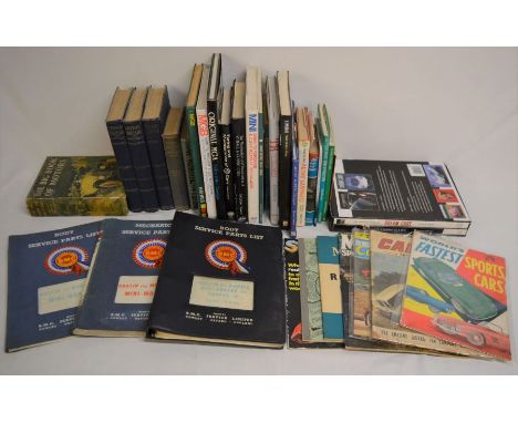 Motor vehicle books including MG, Mini &amp; Jaguar, service parts lists &amp; vintage magazines