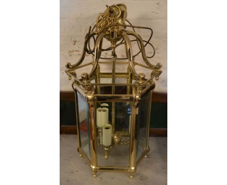 20th century hexagonal brass hall lantern with bevelled glass panels Ht 65cm